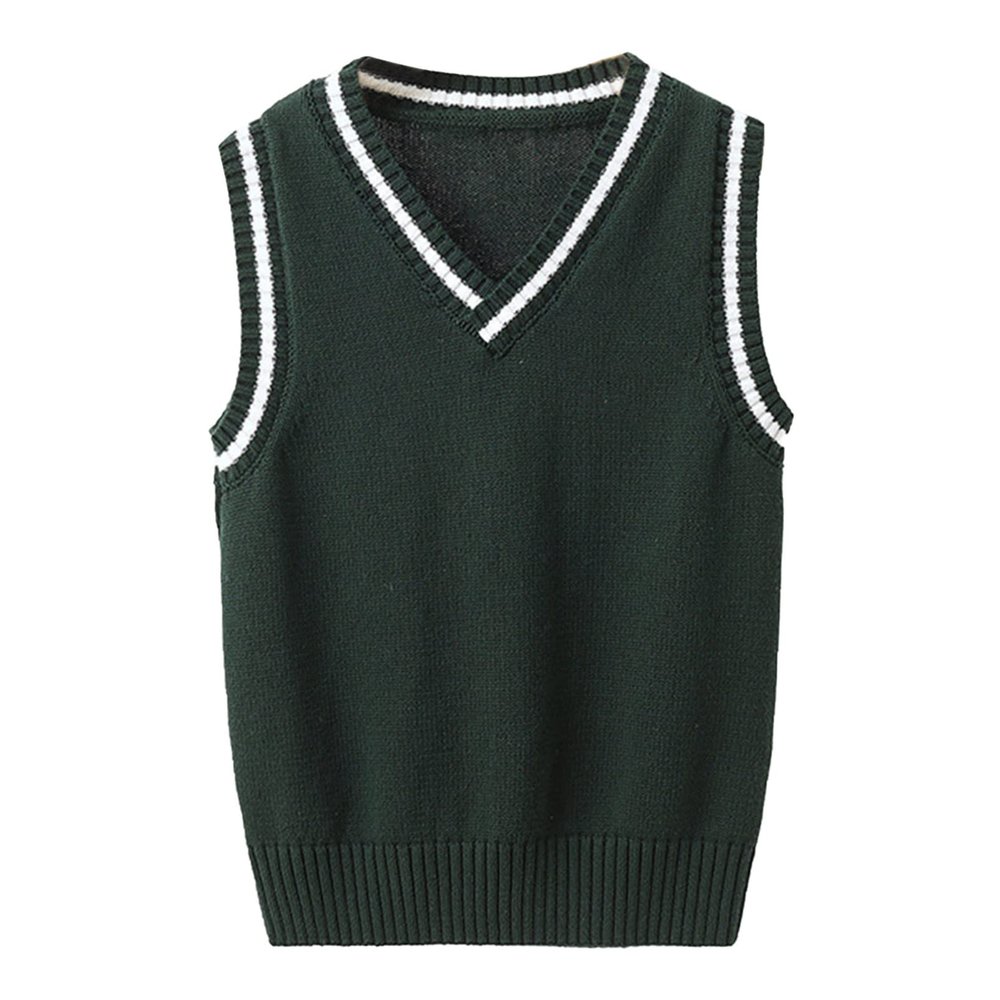 Aislor Boys Girls V Neck Knitted Sweater Vest Kids Uniform Knitwear Sleeveless Pullover Crochet Vest Tank Top Waistcoat Dark Green 2-3 Years