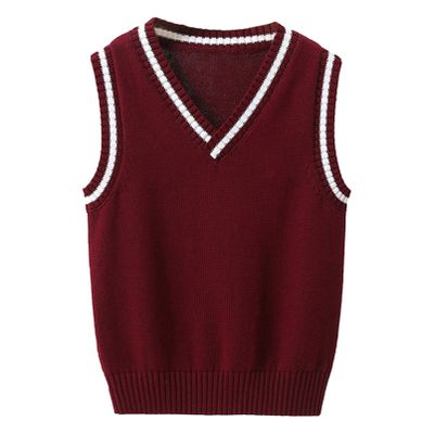 Aislor Boys Girls V Neck Knitted Sweater Vest Kids Uniform Knitwear Sleeveless Pullover Crochet Vest Tank Top Waistcoat Burgundy 2-3 Years
