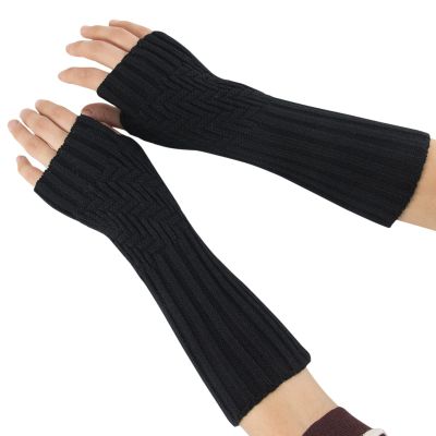 Fashion Women Knitted Fingerless Gloves Winter Soft Warm Mittens Arm Warmer Long Gloves with Thumb (Black, One Size)