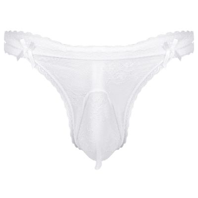 FEESHOW Mens Sexy Lace Thongs Sissy Underwear Transparent Bikini G-strings Seamless Jockstrap Thongs White Large