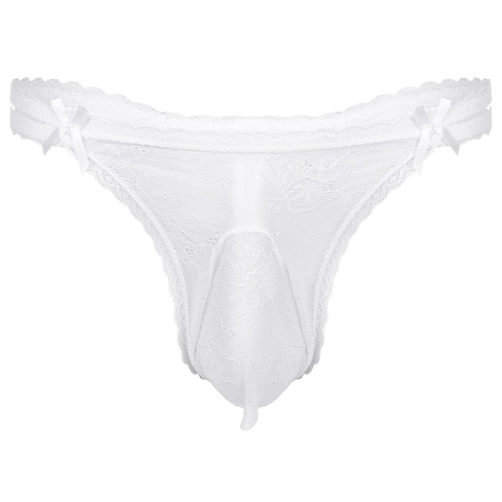 FEESHOW Mens Sexy Lace Thongs Sissy Underwear Transparent Bikini G-strings Seamless Jockstrap Thongs White Large