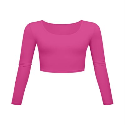 Long Sleeve Crop Tops for Women Workout Basic Clothes for Teen Ladies Fitted Slim Scoop Neck Cute Yoga Shirts (Hot Pink, Small)