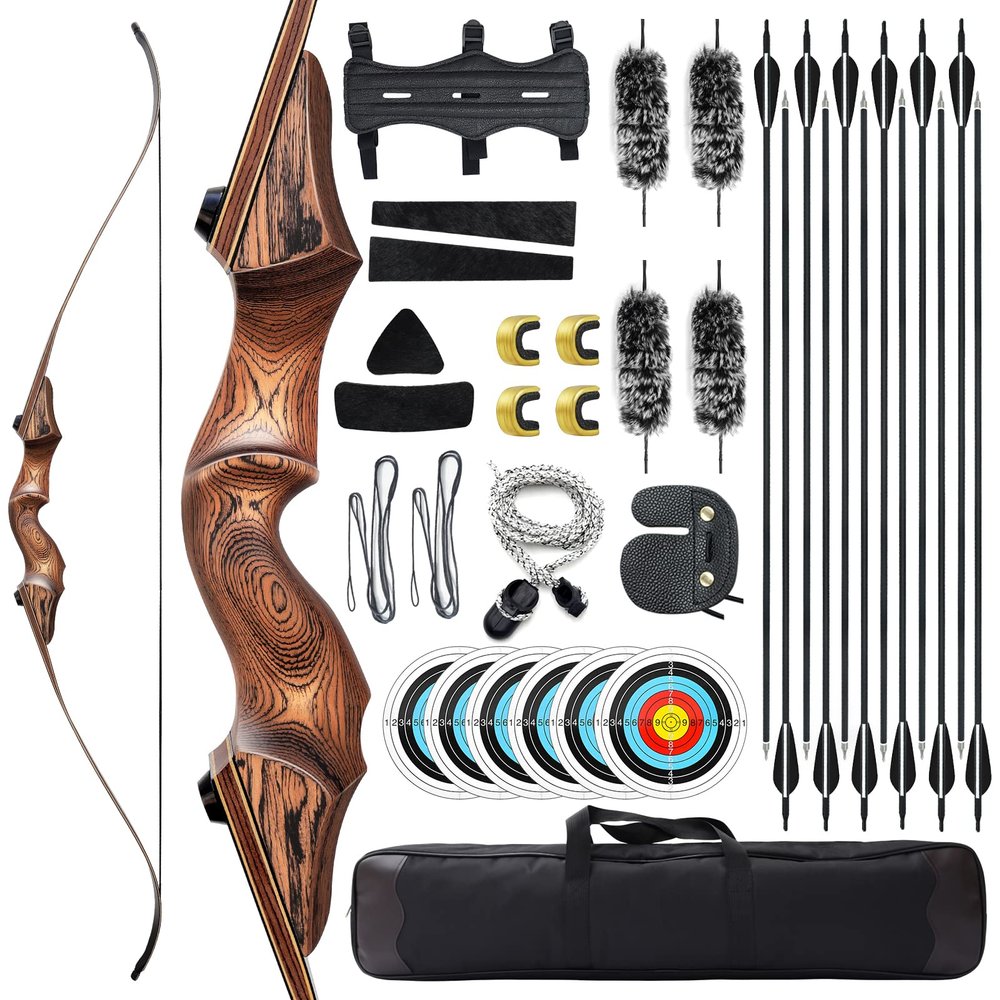 60" Black Hunter Takedown Recurve Bow 20-60 Lbs Wood Riser Right Hand Archery Bow Recurve Practice Bow with Arrows and Extra Bowstring for Adults Target Parctice (25LBS)
