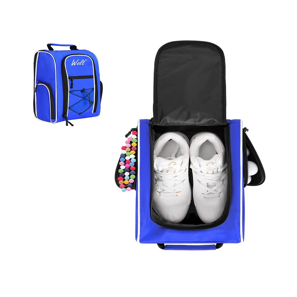 Wolt | Golf Shoe Bag for Travel- Zippered Shoes Carrier Bags with Ventilation & Double Outside Accessory Pocket for Socks, Tees, Golf Balls, Etc. for Women and Men (Blue)