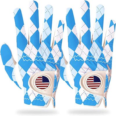 FINGER TEN Golf Gloves Men Right Handed Golfer Left Hand with Ball Marker 2 Pack Leather Breathable Comfortable Weathersof Grip Size Small Medium ML Large XL (Blue&Diamond, Large(Worn on Right Hand))