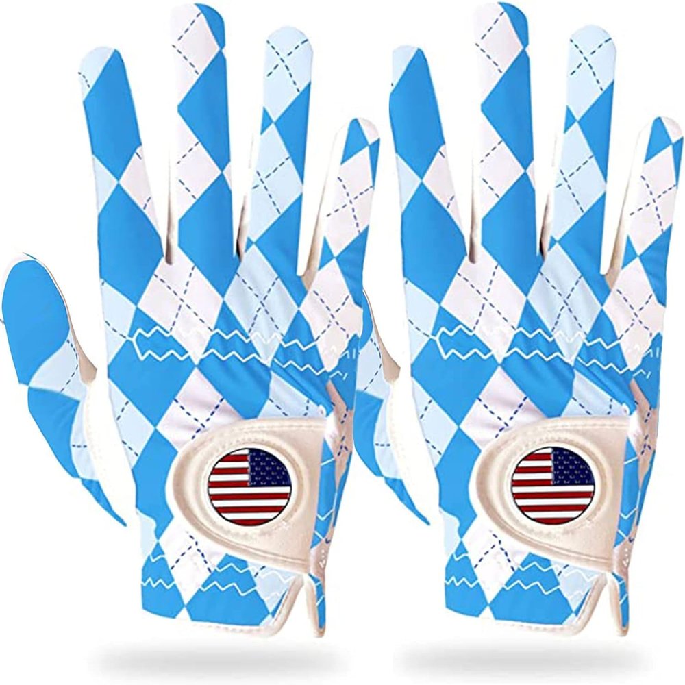 FINGER TEN Golf Gloves Men Right Handed Golfer Left Hand with Ball Marker 2 Pack Leather Breathable Comfortable Weathersof Grip Size Small Medium ML Large XL (Blue&Diamond, Large(Worn on Right Hand))