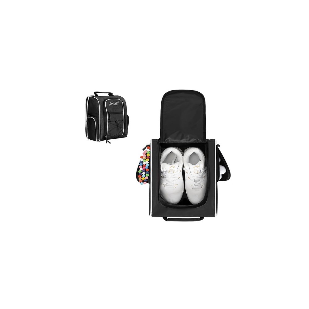 Wolt |Golf Shoe Bag for Travel- Zippered Shoes Carrier Bags with Ventilation & Double Outside Accessory Pocket for Socks, Tees, Golf Balls, Etc. for Women and Men (Black)