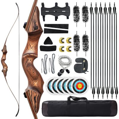 60" Black Hunter Takedown Recurve Bow 20-60 Lbs Wood Riser Right Hand Archery Bow Recurve Practice Bow with Arrows and Extra Bowstring for Adults Target Parctice (55LBS)