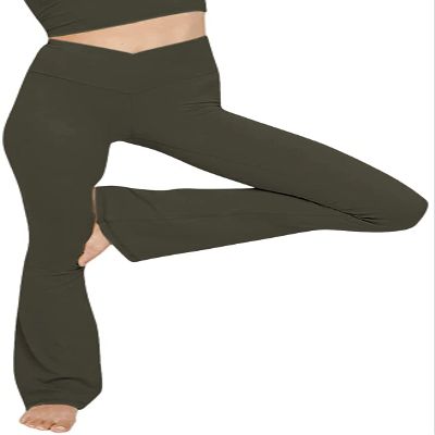 TOPYOGAS Women's Casual Bootleg Yoga Pants V Crossover High Waisted Flare Workout Pants Leggings Olive Green