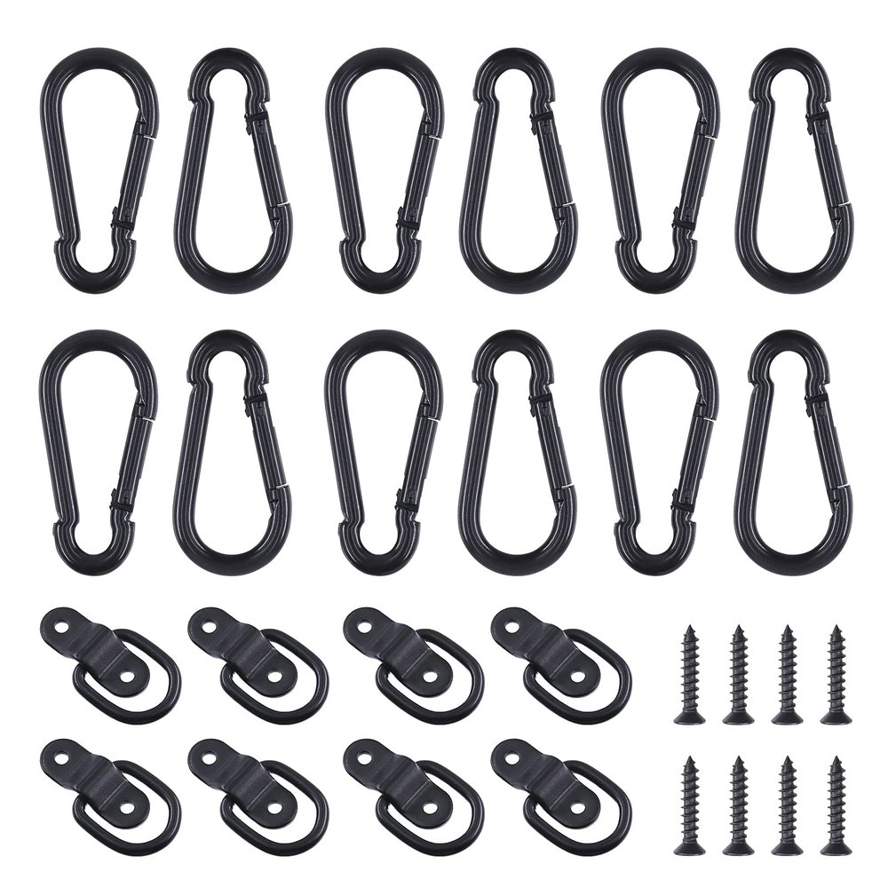 Glarks 48Pcs 1/4" Black Heavy Duty Carabiner Clip Spring Snap Hook with D-Ring Tie Down Anchor 1200 Lbs Capacity Kit for Camping Hiking Swing Boating Loading (Black)