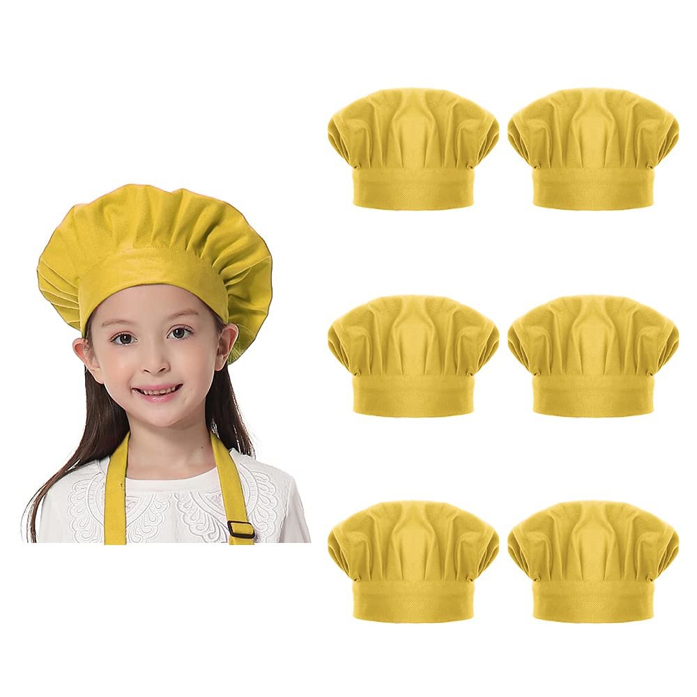TopTie 6 Pack Chef Hat for Kid & Adult, Cotton Elastic Adjustable Kitchen Cooking Baking Hat-Yellow-S