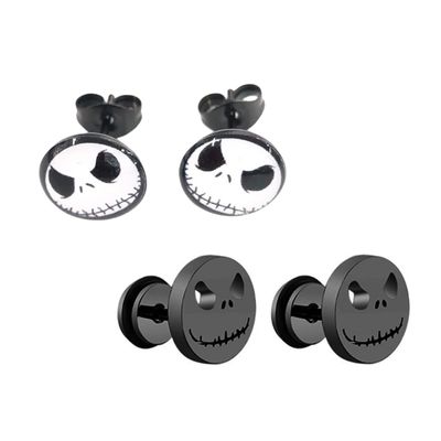 2Pcs Stainless Steel Gothic Skull Face Halloween Earrings Punk Coktail Party Biker Stud Earrings For Women Men