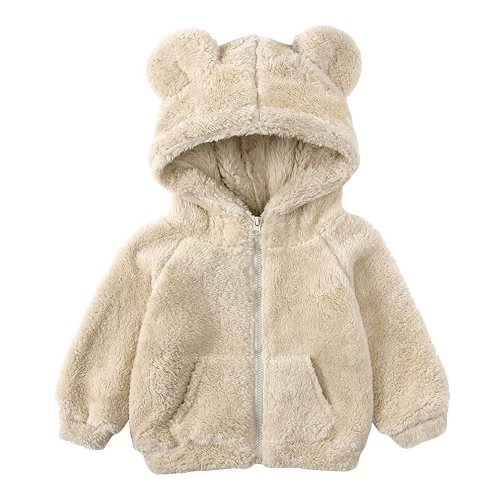All Weather Jackets for Kids Toddler Kids Girls Boys Full Zip Up Fleece Hooded Jacket Coat Bear (Beige, 12-24 Months)