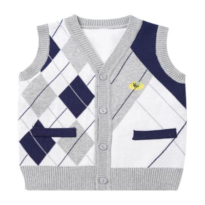 Freebily Kids Boys V Neck Plaid Knitted Cardigan Vest Sleeveless Uniform Button Down Waistcoat Casual Tops Grey 11-12 Years