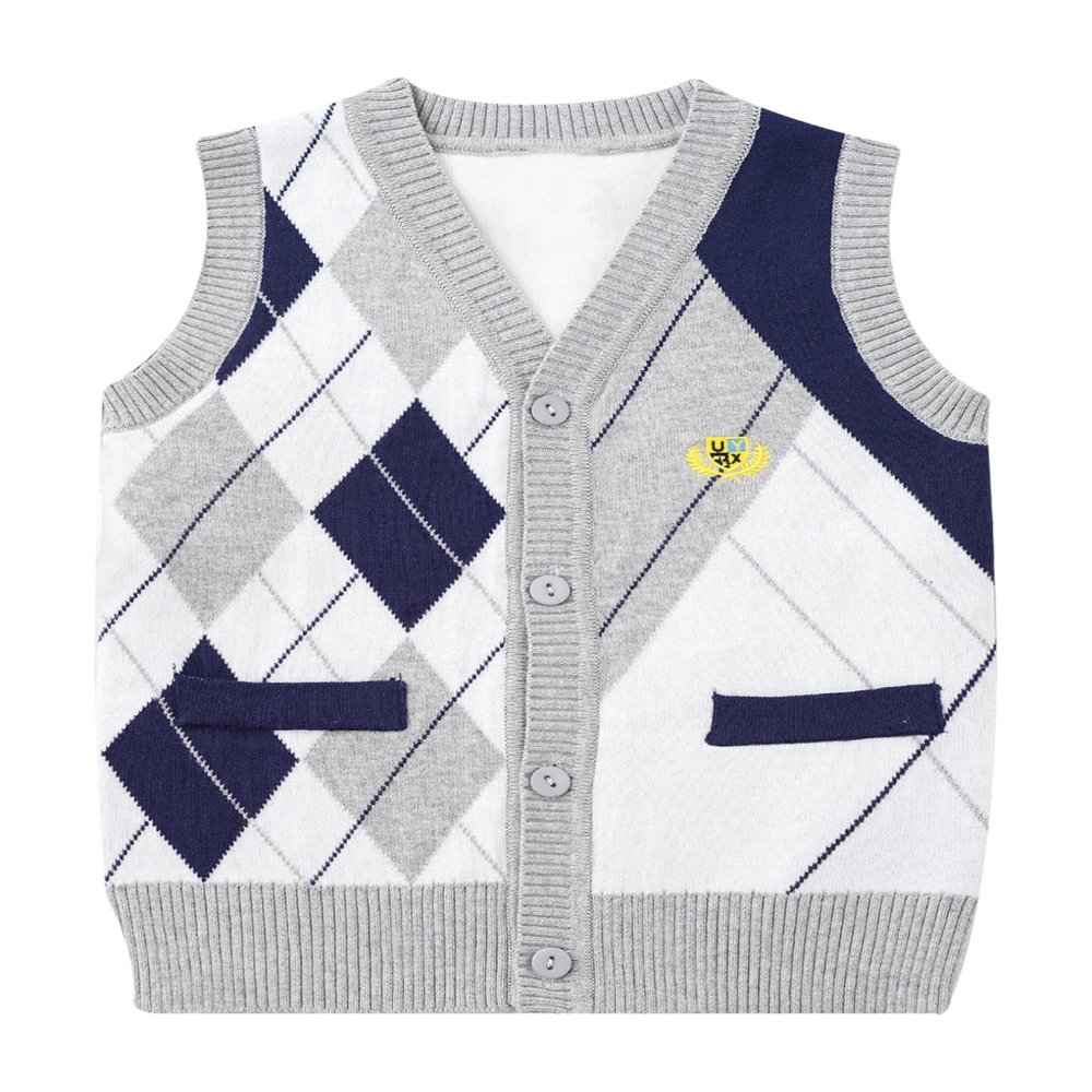 Freebily Kids Boys V Neck Plaid Knitted Cardigan Vest Sleeveless Uniform Button Down Waistcoat Casual Tops Grey 11-12 Years