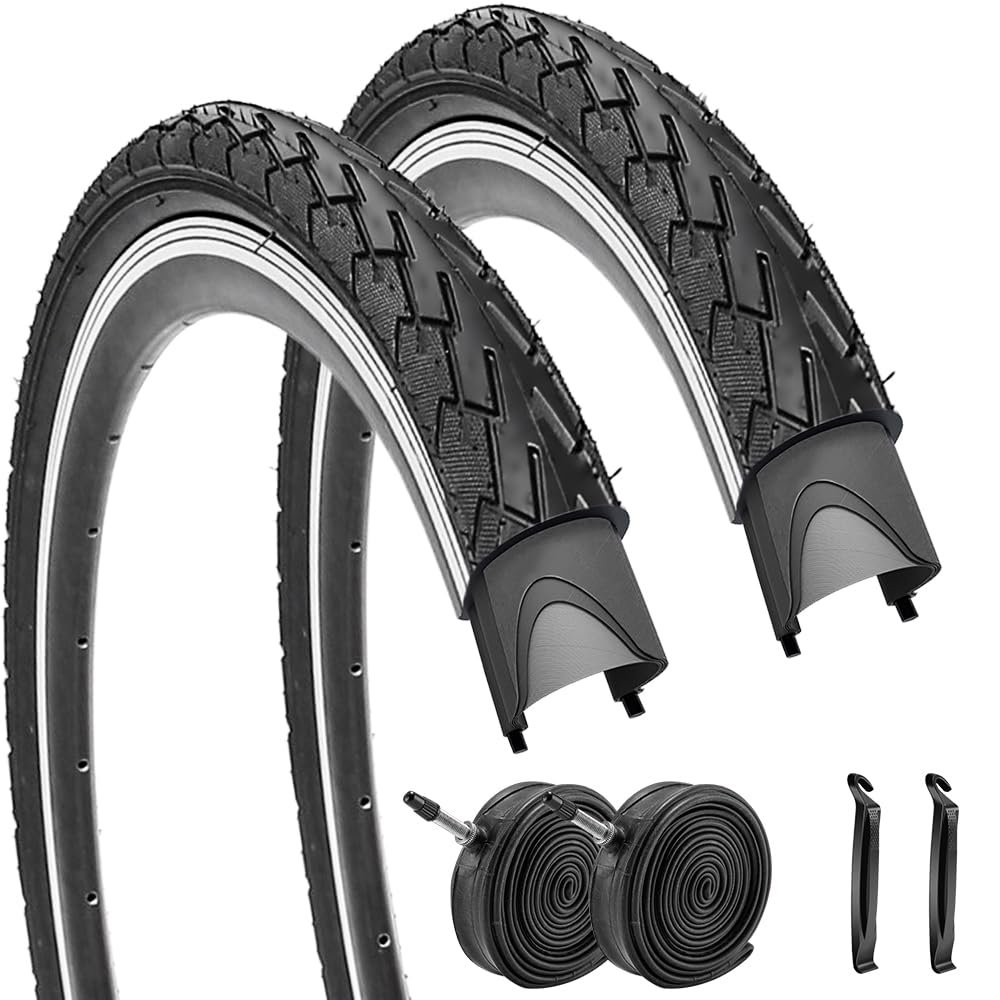 2 Pack Black Wall 700x35c Bike Tires with 2 Inner Tubes and 2 Levers,Road Bicycle Tires for City Commuter Urban Roads Trails Pavement Surface