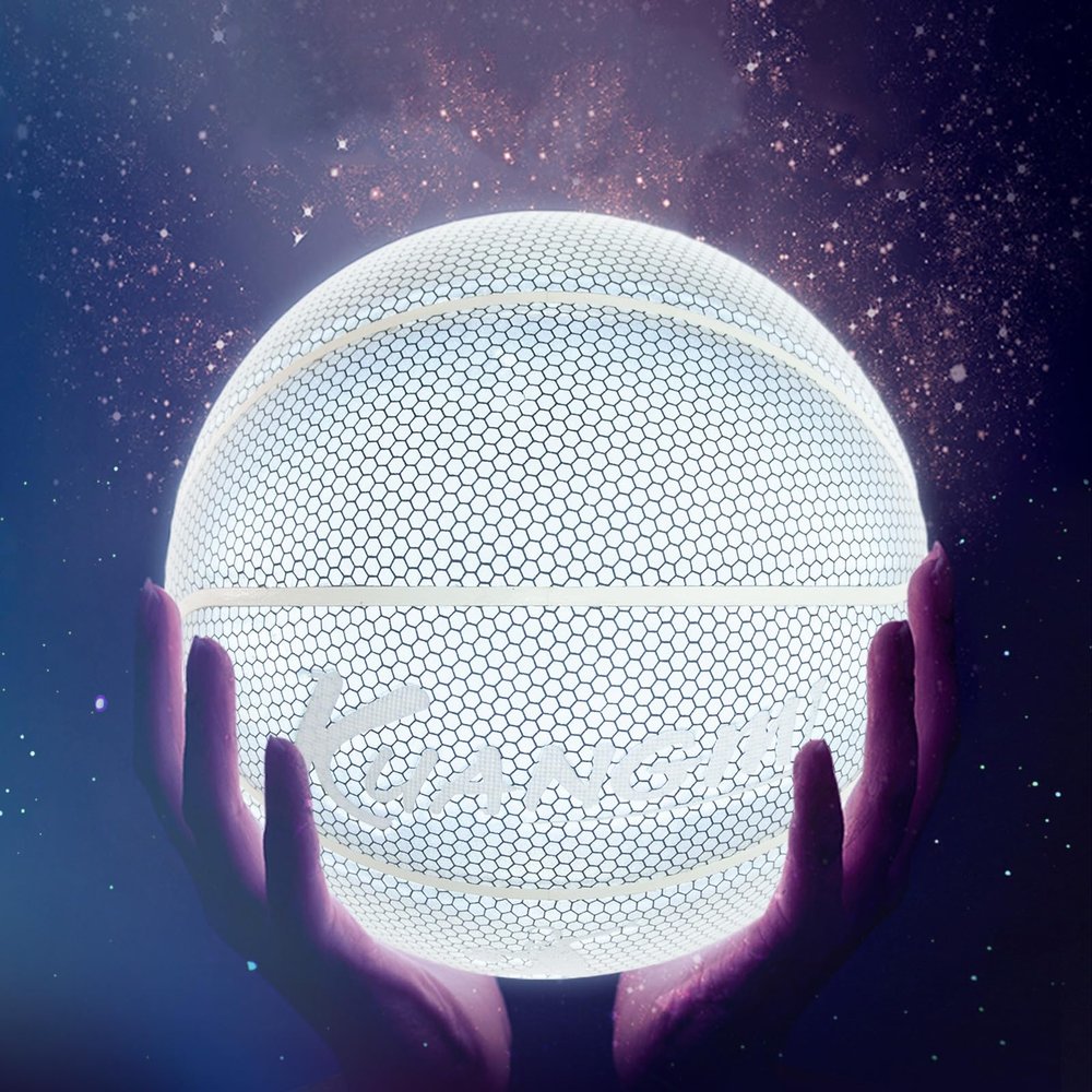 Kuangmi Reflective Glowing Basketball Holographic Luminous for Night Game Light Up Basket Ball Men's Official Size 7 29.5",White
