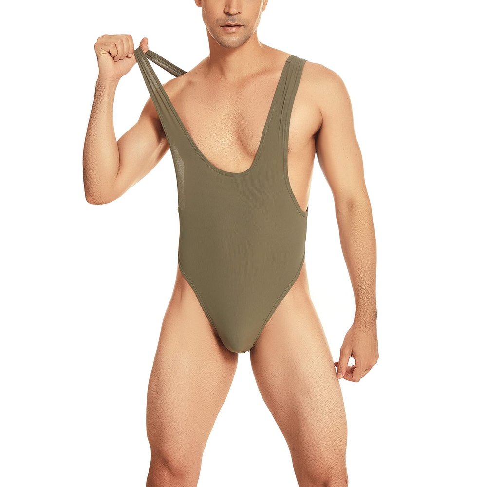 ABAFIP Men's Sleeveless High Cut Thong Leotard Bodysuit One Piece Backless Deep U Neck Solid Color Singlet Undershirt Activewear Tanks Army Green Large