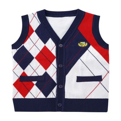 Freebily Kids Boys V Neck Plaid Knitted Cardigan Vest Sleeveless Uniform Button Down Waistcoat Casual Tops Navy Blue 2-3 Years