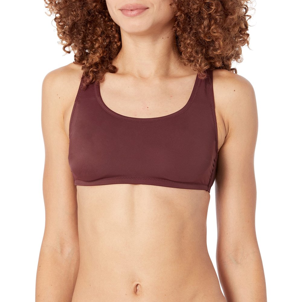 Amazon Essentials Women's Scoop Neck Swim Crop Top, Deep Brown, Small