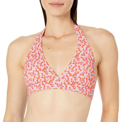Amazon Essentials Women's Light-Support Padded Tie Halter Bikini Swimsuit Top (Available in Plus Size), Pale Peach Micro Floral, Small
