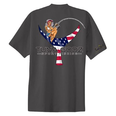 Tuna Godz Sport Fishing T-Shirt - Design 02 TG Tail Pin up Girl Charcoal