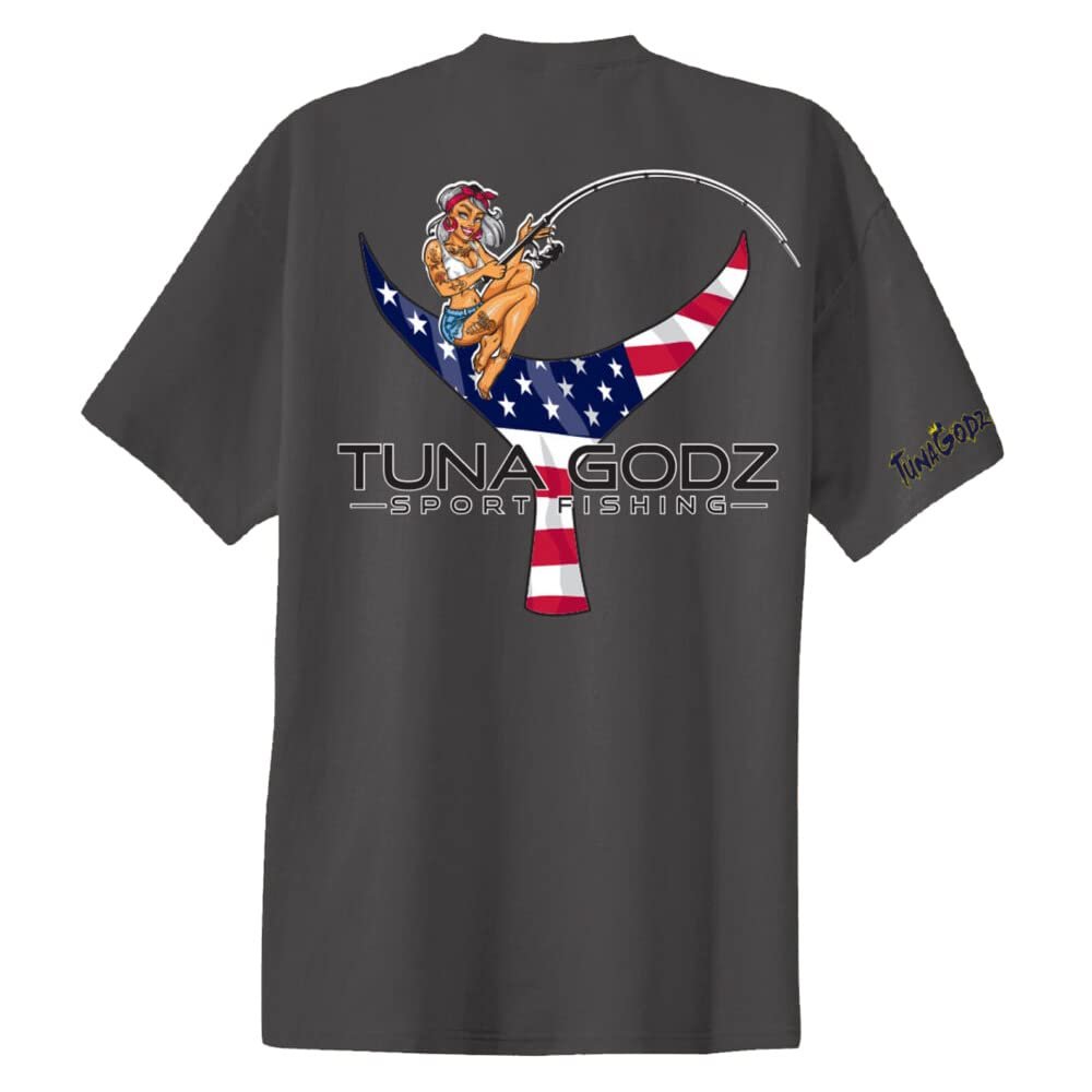 Tuna Godz Sport Fishing T-Shirt - Design 02 TG Tail Pin up Girl Charcoal