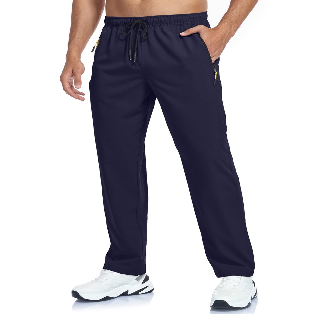 Mens Hiking Pants Elastic Waist Summer Breathable Quick Dry Fit Athletic Workout Joggers Golf Running Gym Sweatpants Pants for Men Zipper Pockets Navy L