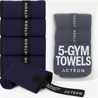 Acteon Microfiber Gym Towels 5 Pack, Quick Dry Silver ION Odor-Free Super Absorbent Sweat Towels for Men & Women, Workout, Yoga, Running, Beach, Travel  16x30.5 Inch (Midnight Blue)