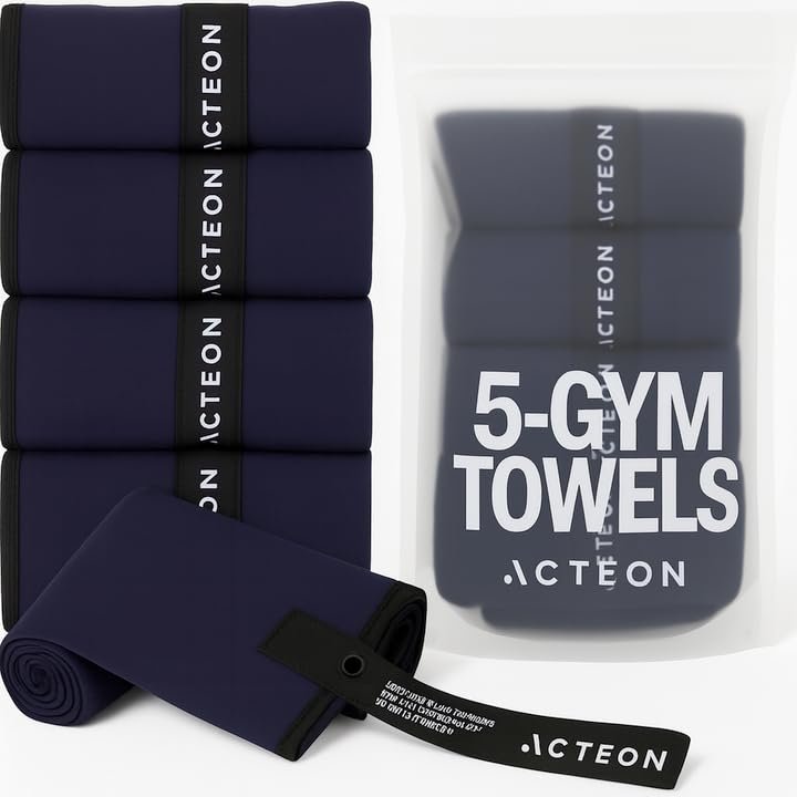 Acteon Microfiber Gym Towels 5 Pack, Quick Dry Silver ION Odor-Free Super Absorbent Sweat Towels for Men & Women, Workout, Yoga, Running, Beach, Travel 16x30.5 Inch (Midnight Blue)