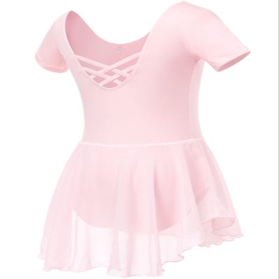 Soudittur Girls Ballet Leotard with Skirt Cotton Short Sleeve Toddler Dance Outfits Crossed Back Ballet Dress 3-11 Years (Medium, Pink)