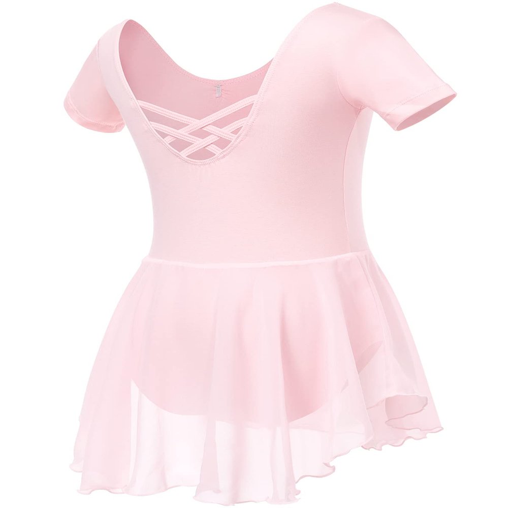 Soudittur Girls Ballet Leotard with Skirt Cotton Short Sleeve Toddler Dance Outfits Crossed Back Ballet Dress 3-11 Years (Medium, Pink)
