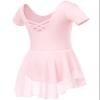 Soudittur Girls Ballet Leotard with Skirt Cotton Short Sleeve Toddler Dance Outfits Crossed Back Ballet Dress 3-11 Years (Medium, Pink) view 1