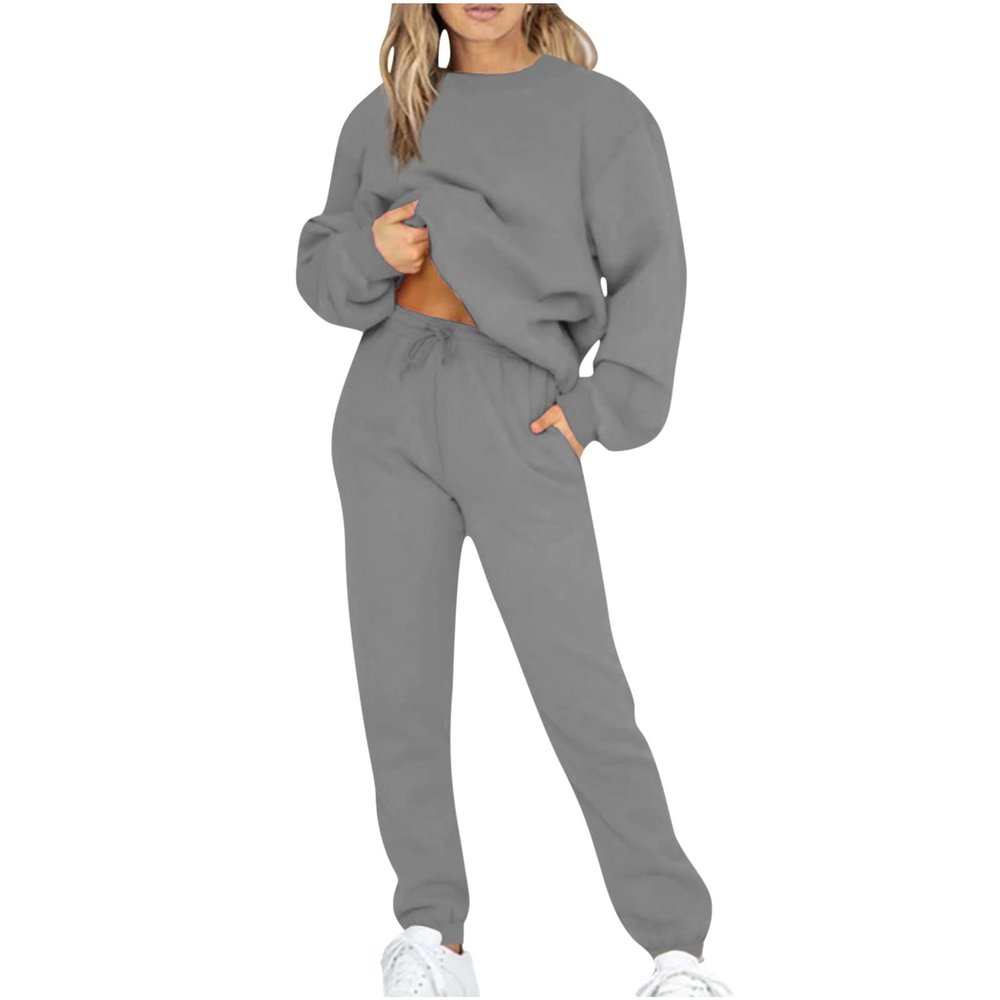Womens Warm Sweatsuits Set Fuzzy Fleece Pajama Set 2 Piece Outfit PJ Set Sweatshirt Sweatpants Loungewear with Pocket Gray
