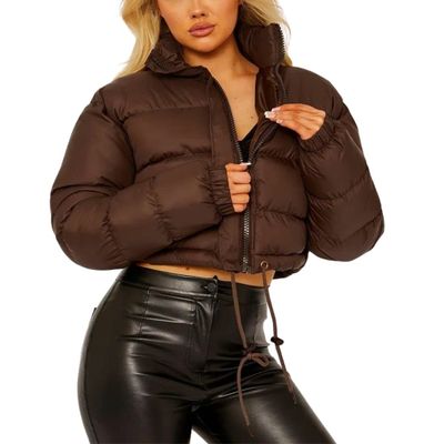 FindThy Womens Winter Cropped Puffer Jacket Classic Long Sleeve Stand Collar Padded Down Coats(1062-Brown-S-LB)