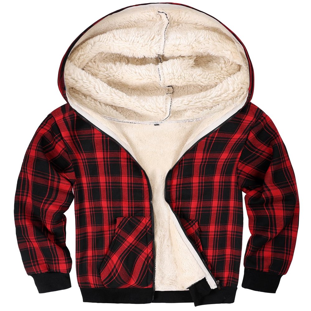 Gihuo Unisex Boy's Girls Winter Warm Sherpa Lined Zip Up Sweatshirt Fleece Jacket Kid's Hoodie Outerwear(RedPlaid-4Y)