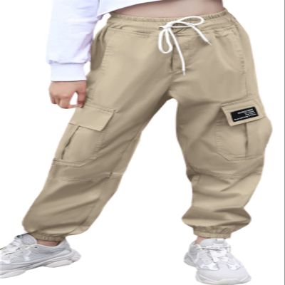 SANGTREE Girls Cargo Pants,Elastic Waist Drawstring Loose Tapered Multi Pockets Cargo Jogger Pants for Girl,Khaki,4-5T = Tag 120