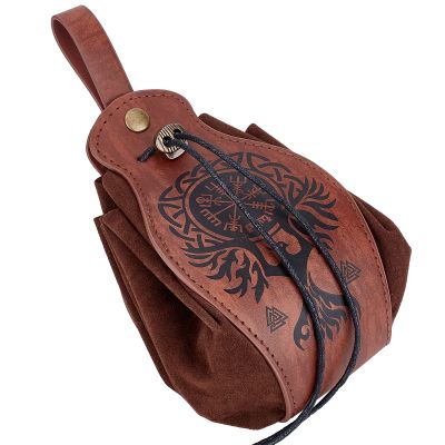 GORGECRAFT Leather Drawstring Pouch Medieval Vintage Waist Bag Phoenix Pattern Printed Portable Fanny Pack Fashion Brown Dice Coin Purse for Women Men Hiking Waist Packs Costume Accessories