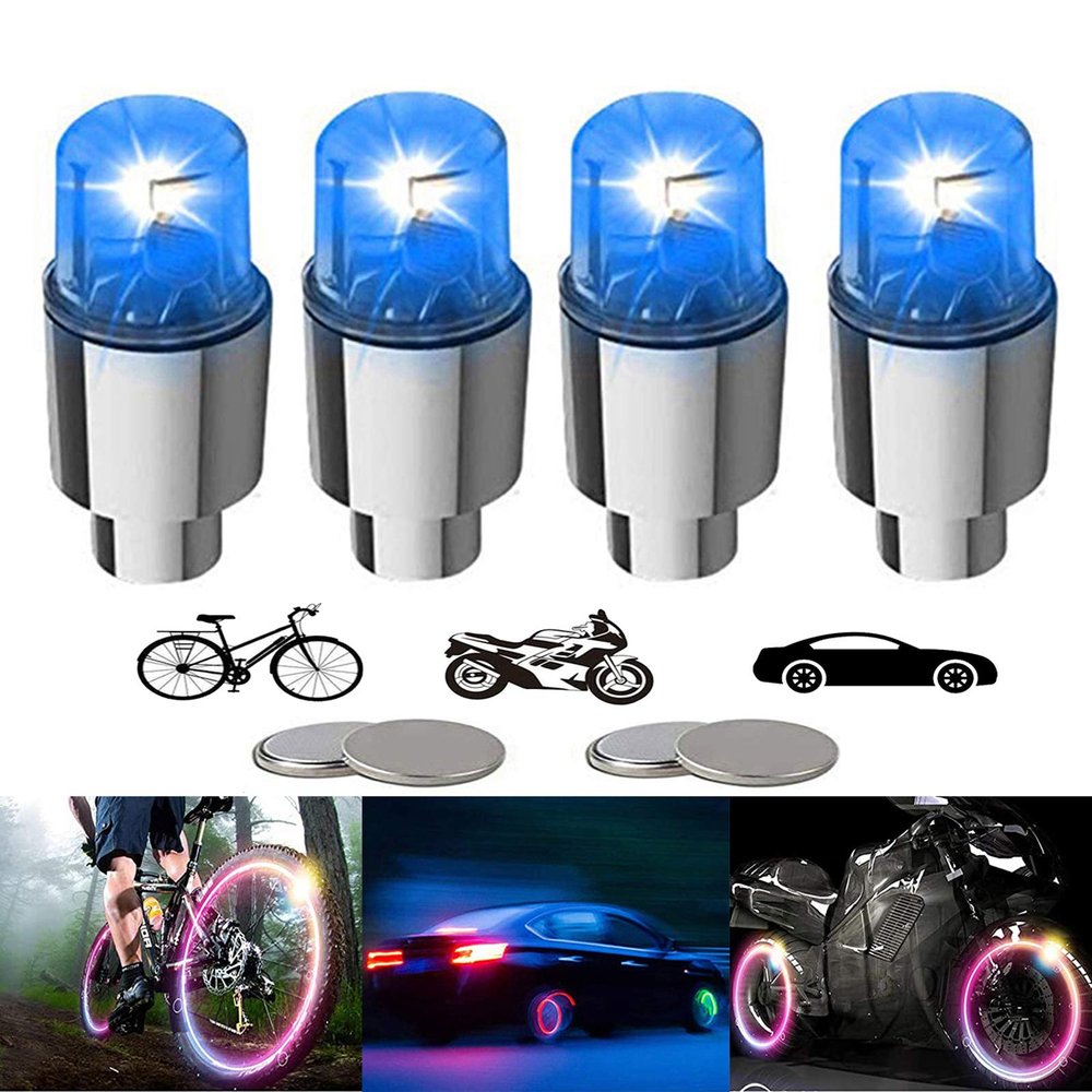 YUERWOVER 4 Pack LED Bike Wheel Lights Car Tire Valve Stems Caps Bicycle Motorcycle Waterproof Tyre Spoke Flash Lights Cool Reflector Accessories for Kids Men Women with 10 Extra Batteries(Blue)