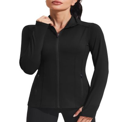 PINSPARK Workout Jackets for Women Athletic Running Gym Yoga Jacket Lightweight Full Zip Slim Fit Sports Tops Thumb Holes Pockets, Black, Large