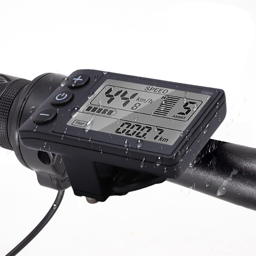 Bike Computer, S866 Bike Speedometer LCD Display Meter IP65 Waterproof Cycling Odometer, 24V 36V 48V Control Panel with SM Plug for Handlebars Mounting