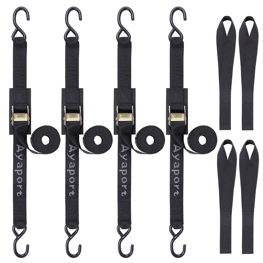 Ayaport Cam Buckle Tie Down Straps 8 feet 3000lbs Break Strength Securing Straps with S Hooks for Motorcycle, Kayak, Car, Truck, Dirt Bike