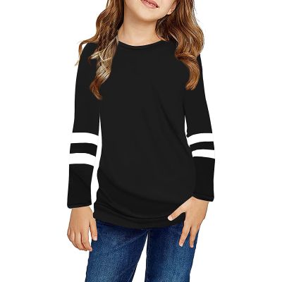 Girls Casual Short Sleeve T Shirts Crewneck Tunic Tops 4-13Y Kids Button Striped Tee Blouses (BM2-Black, 6-7 Years)