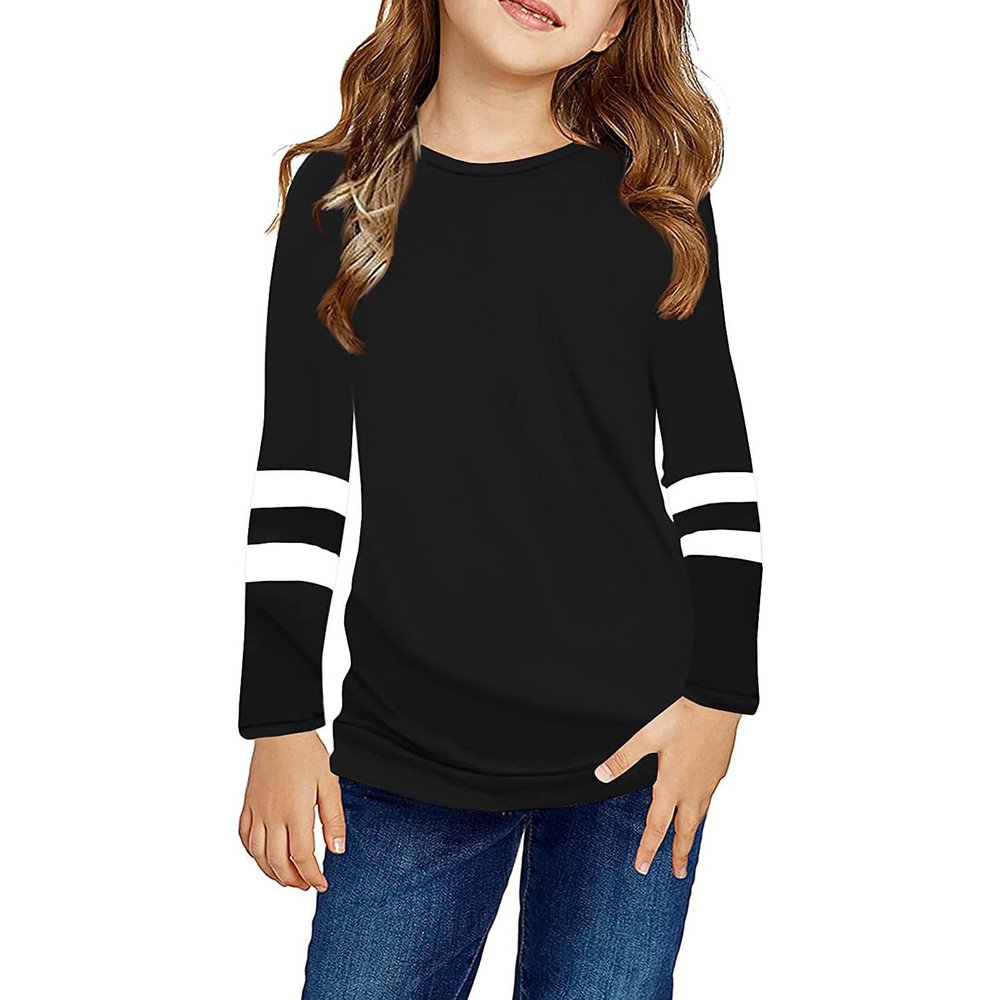 Girls Casual Short Sleeve T Shirts Crewneck Tunic Tops 4-13Y Kids Button Striped Tee Blouses (BM2-Black, 6-7 Years)