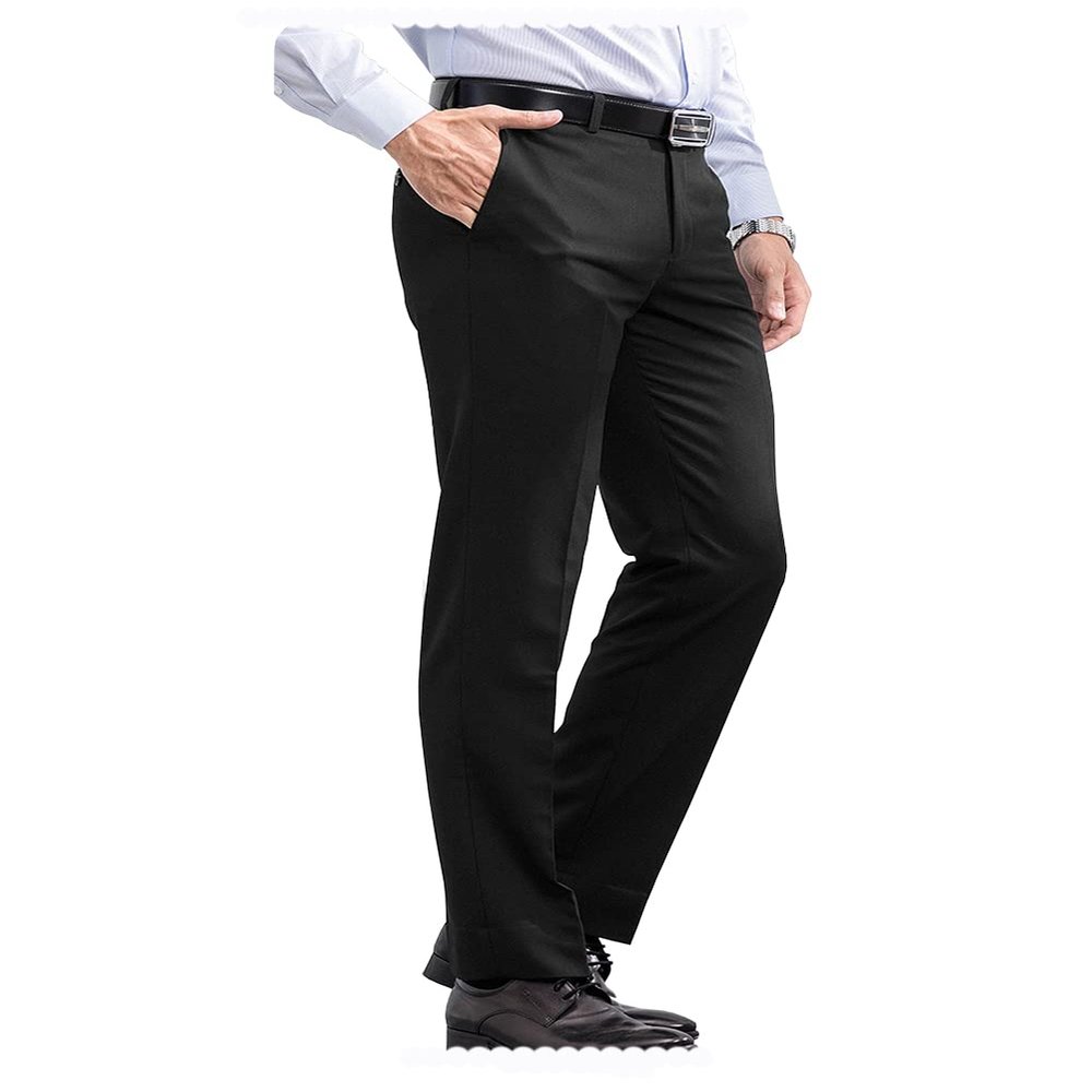 Men Pants Dress Classic Slim Fit Comfort Suit Premium Casual Pant (Black-42W x 30L)