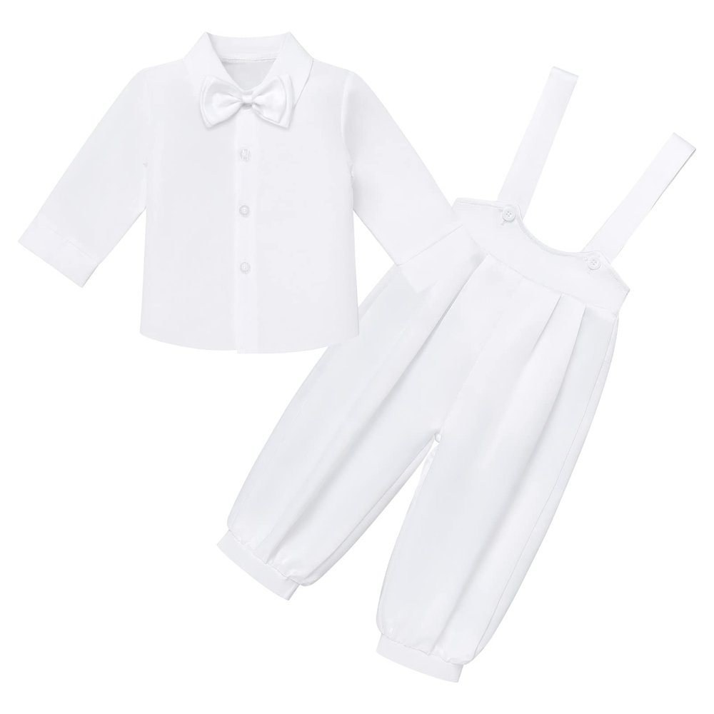 Baby Boys Baptism Christening Outfit Bowtie Romper Waistcoat Shorts Pants Wedding Party Formal Ring Bearer Tuxedo Suit for Cake Smash Photo Shoot Gentleman White Dress Suit All White - Long 6-9 Months