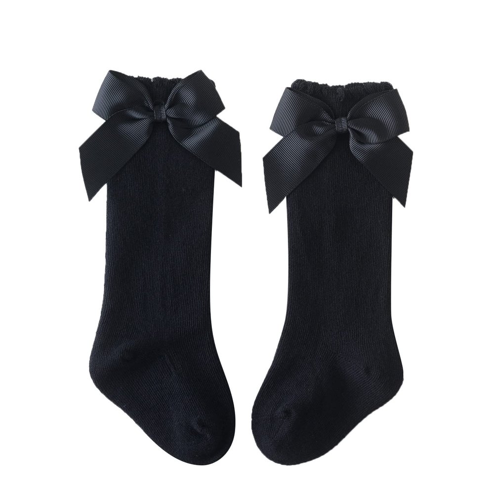 Baby Kids Socks Stockings Girls Toddler Length Mid-Calf Knee-High Solid Sock Princess Cable Knit (Black, 6-18 Months)