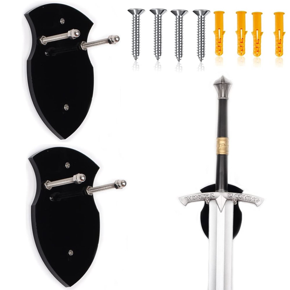 WANLIAN Sword Cards Sword Stand Wall Mounted Sword Wall Card Acrylic Sword Wall Display Card Shield Sword Stand with Hardware (2 pieces black)
