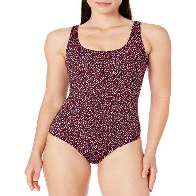 Amazon Essentials Women's One-Piece Coverage Swimsuit (Available in Plus Size), Brick Red Leopard, Medium