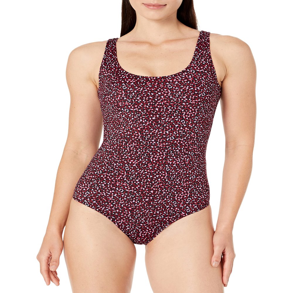 Amazon Essentials Women's One-Piece Coverage Swimsuit (Available in Plus Size), Brick Red Leopard, Medium